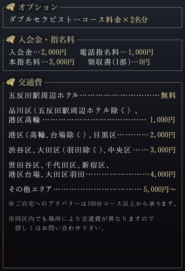 オプション料金・入会金・指名料・交通費